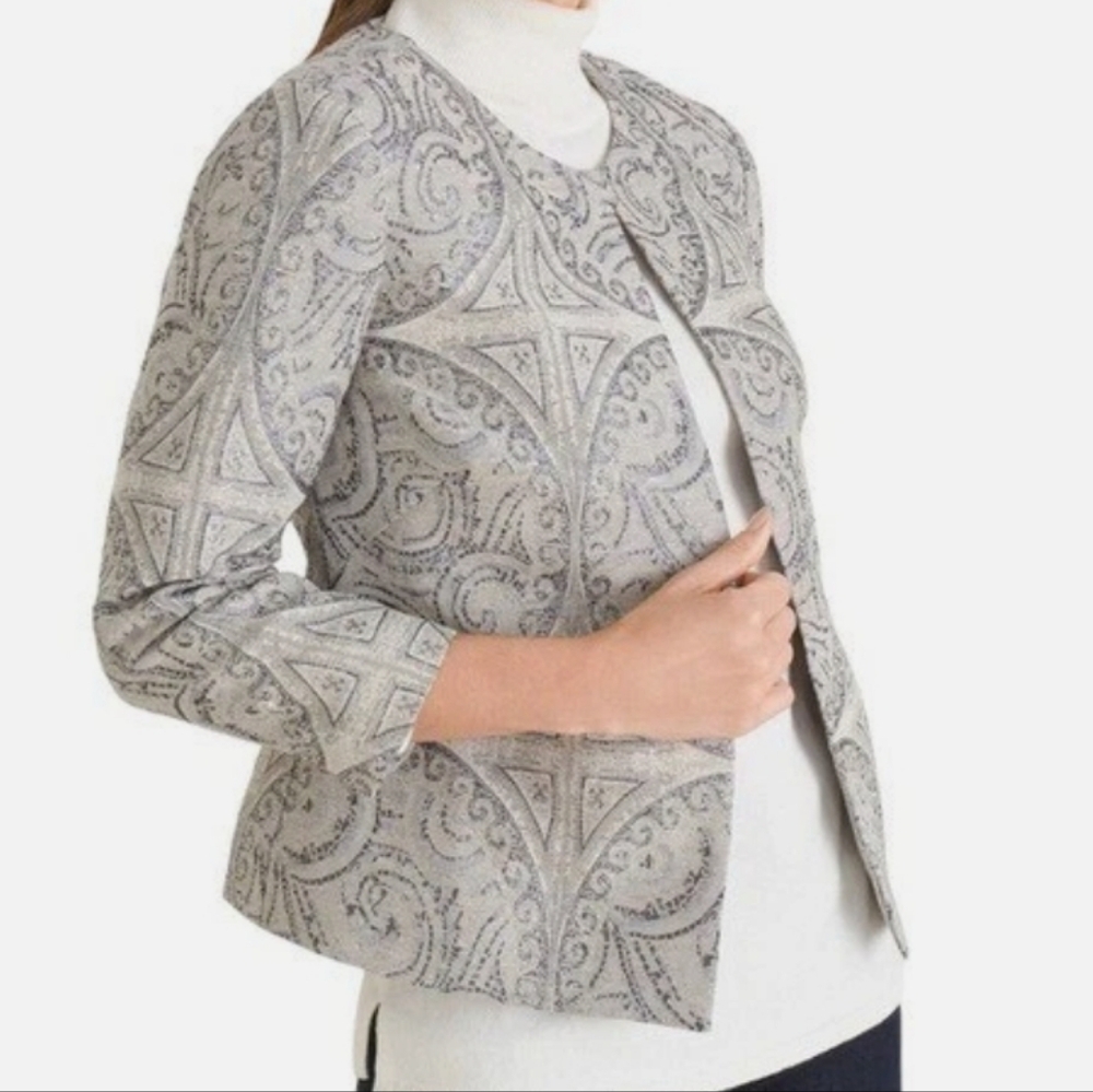 Chico's Convertible Faux Fur Cuff Jacquard Jacket In Grey/Blue - Picture 3 of 10
